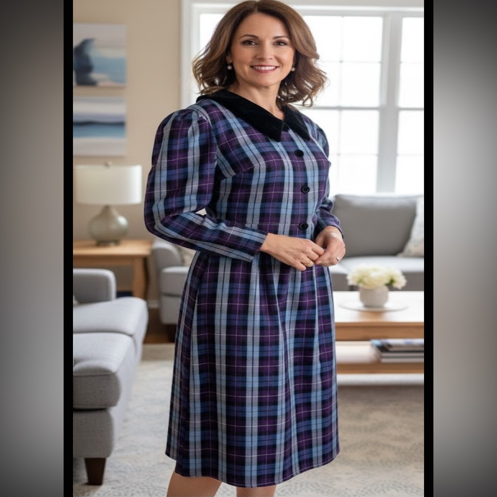 Vintage plaid Miss Dorby velvet button purple and blue midi dress long sleeve